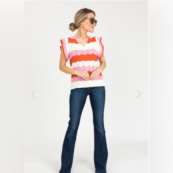 THML Anthropologie M Knit Cotton Sweater Wavy Stripe V Neck Flutter Sleeves Pink - Picture 2 of 12